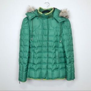 Juicy Couture Quilted Puffer Jacket Coat Faux Fur Hood Green small apres ski y2k